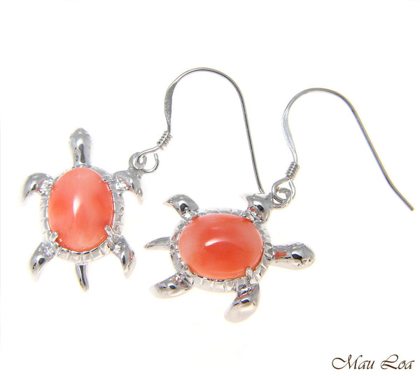 925 Silver Rhodium Hawaiian Honu Turtle Genuine Natural Pink Coral Hook Earrings