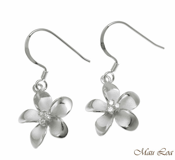 925 Sterling Silver Hawaiian Plumeria Flower 3 CZ Wire Hook Rhodium Earrings