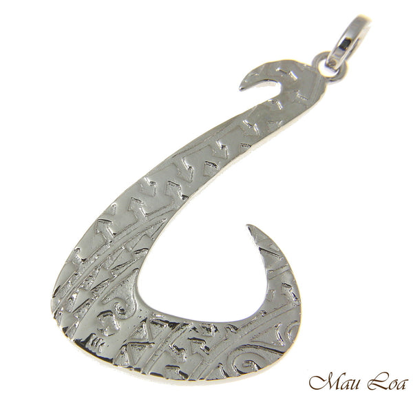 Koa Wood Hawaiian Wave Fish Hook Rhodium Silver Plated Brass Reversible Pendant