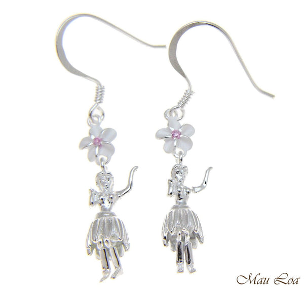 925 Silver Hawaiian Hula Girl Dancer Pink CZ Plumeria Flower Hook Wire Earrings