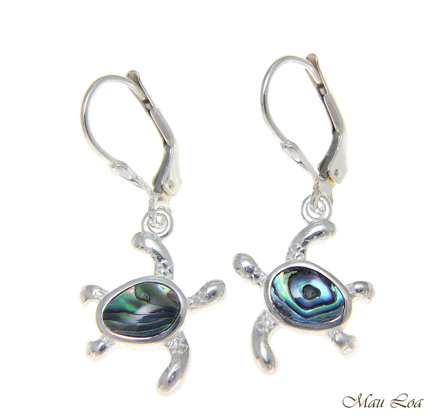 925 Sterling Silver Hawaiian Honu Turtle Abalone Shell Paua Leverback Earrings