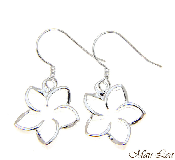 925 Sterling Silver Hawaiian Floating Outline Plumeria Flower Hook Wire Earrings