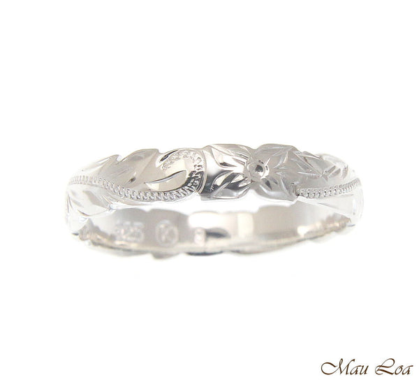 925 Sterling Silver 4mm Cut Out Edge Hawaiian Scroll Hand Engraved Ring Band
