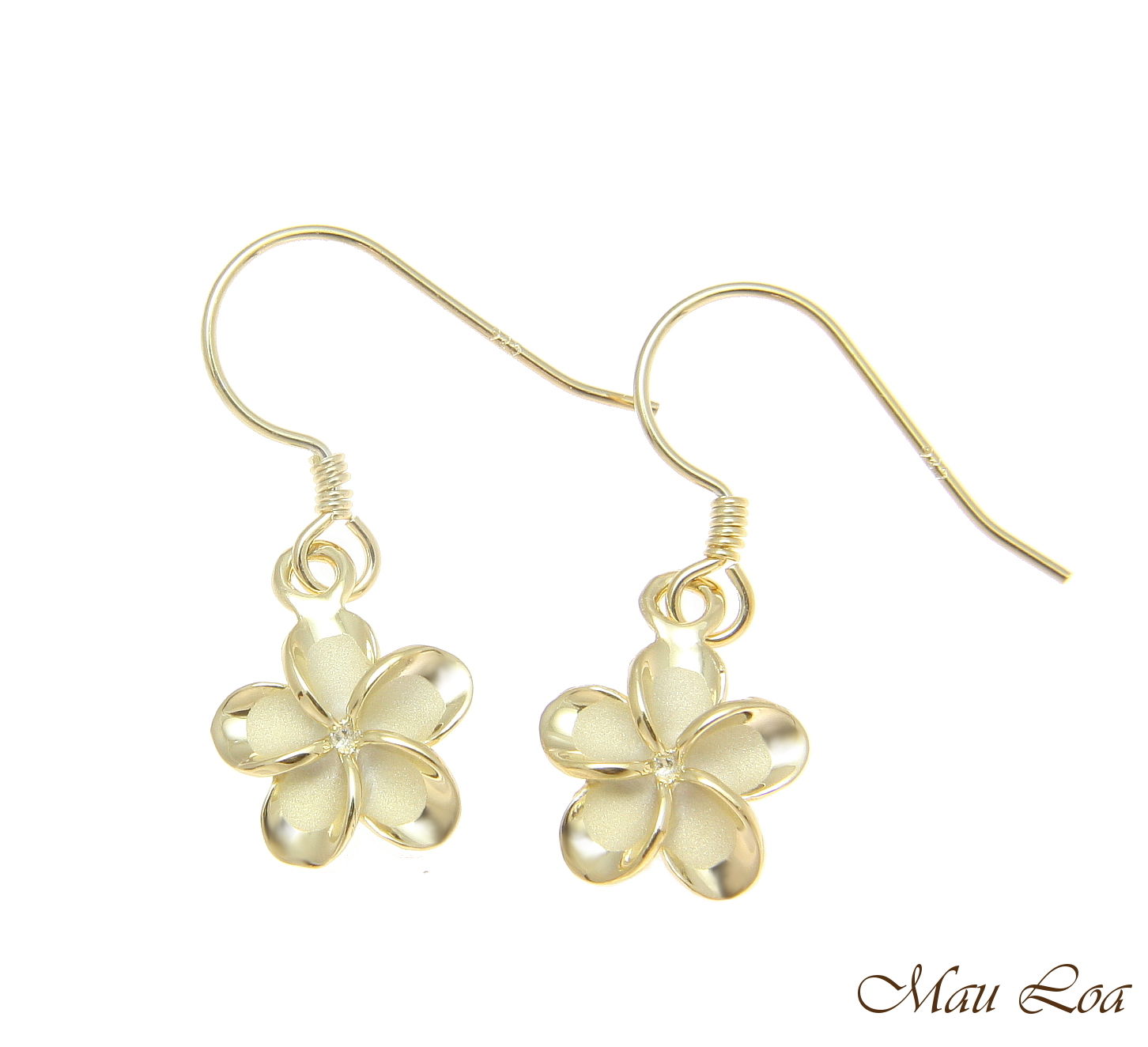 925 Silver Yellow Gold Hawaiian Plumeria Flower No CZ Stone Wire Hook Earrings