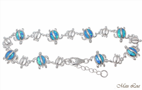 925 Sterling Silver Rhodium Hawaiian Sea Turtle Honu Blue Opal Bracelet 7"+