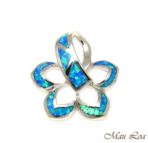 925 Sterling Silver Rhodium Hawaiian Plumeria Flower Blue Opal Slider Pendant