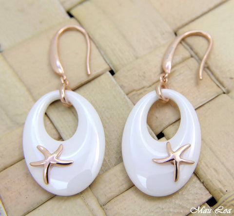 925 Silver Pink Gold Hawaiian Starfish Sea Star White Ceramic Oval Hook Earrings