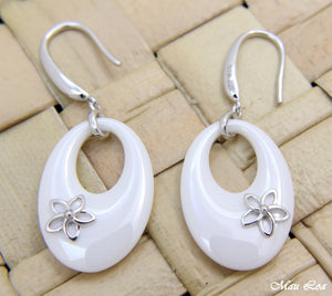 925 Silver Rhodium Hawaiian Plumeria Flower White Ceramic Oval Hook Earrings