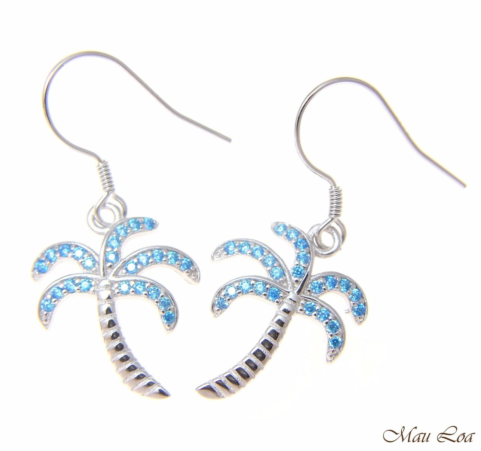 925 Sterling Silver Blue Topaz Hawaiian Palm Tree Wire Hook Earrings