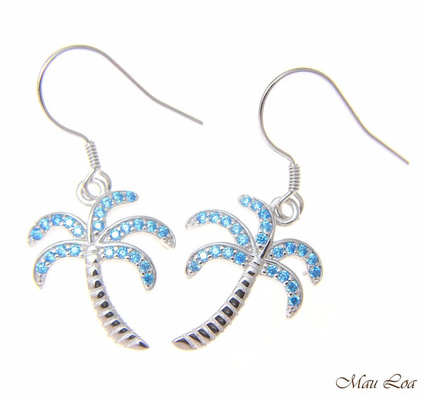 925 Sterling Silver Blue Topaz Hawaiian Palm Tree Wire Hook Earrings