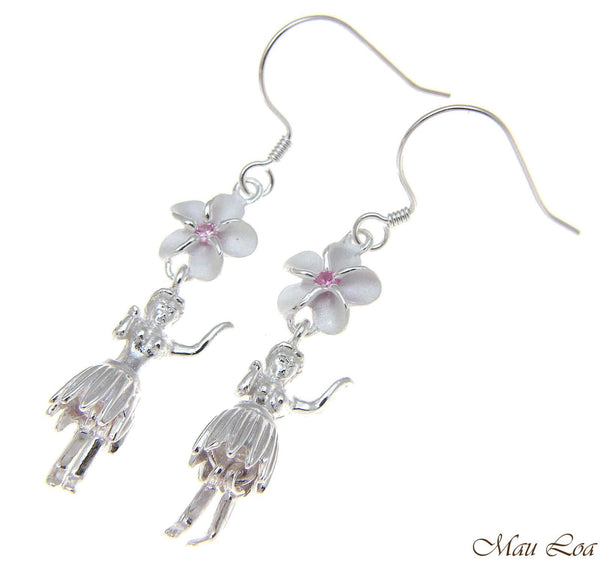 925 Silver Hawaiian Hula Girl Dancer Pink CZ Plumeria Flower Hook Wire Earrings