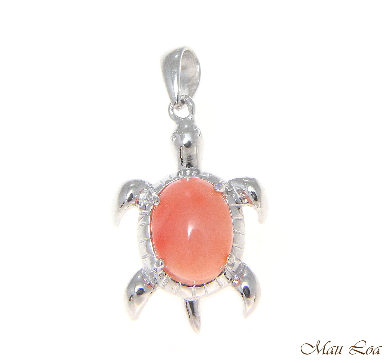 925 Silver Rhodium 7x9mm Oval Genuine Pink Coral Hawaiian Turtle Honu Pendant