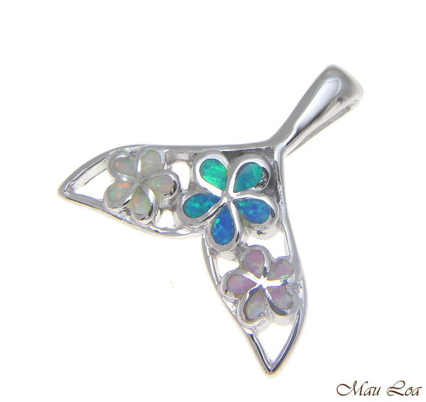 925 Silver Rhodium Hawaiian Multi Opal Plumeria Flower Whale Tail Slider Pendant