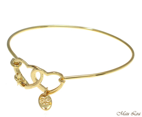 Yellow Gold Plated on Brass Hawaiian Plumeria Flower Heart Open Bangle Bracelet