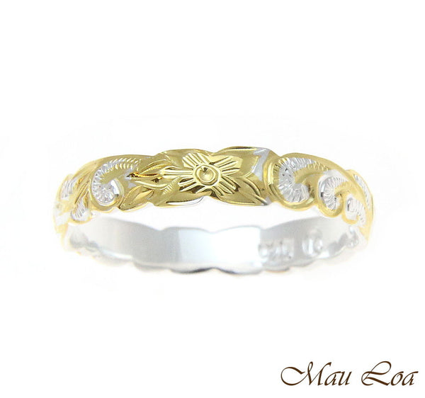 925 Silver 4mm 2Tone Yellow Gold Hawaiian Scroll Hand Engraved Cut Out Ring Band