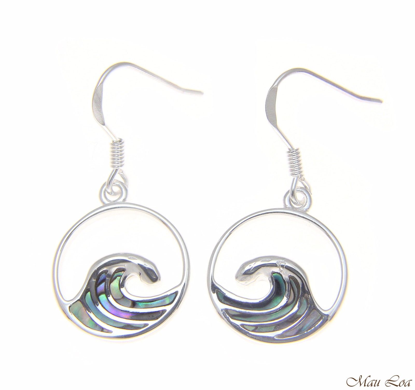 925 Sterling Silver Hawaiian Ocean Wave Circle Abalone Shell Paua Hook Earrings