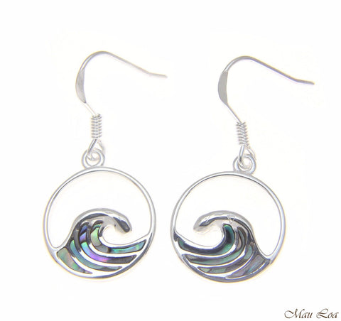 925 Sterling Silver Hawaiian Ocean Wave Circle Abalone Shell Paua Hook Earrings