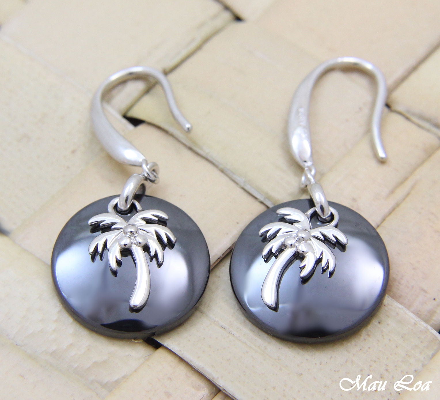 925 Silver Rhodium Hawaiian Coconut Palm Tree Black Ceramic Circle Hook Earrings