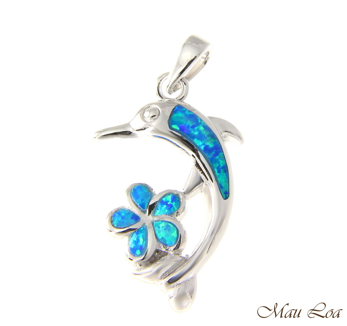925 Sterling Silver Rhodium Hawaiian Blue Opal Plumeria Flower Dolphin Pendant