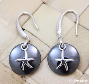 925 Silver Rhodium Hawaiian Starfish Sea Star Black Ceramic Circle Hook Earrings