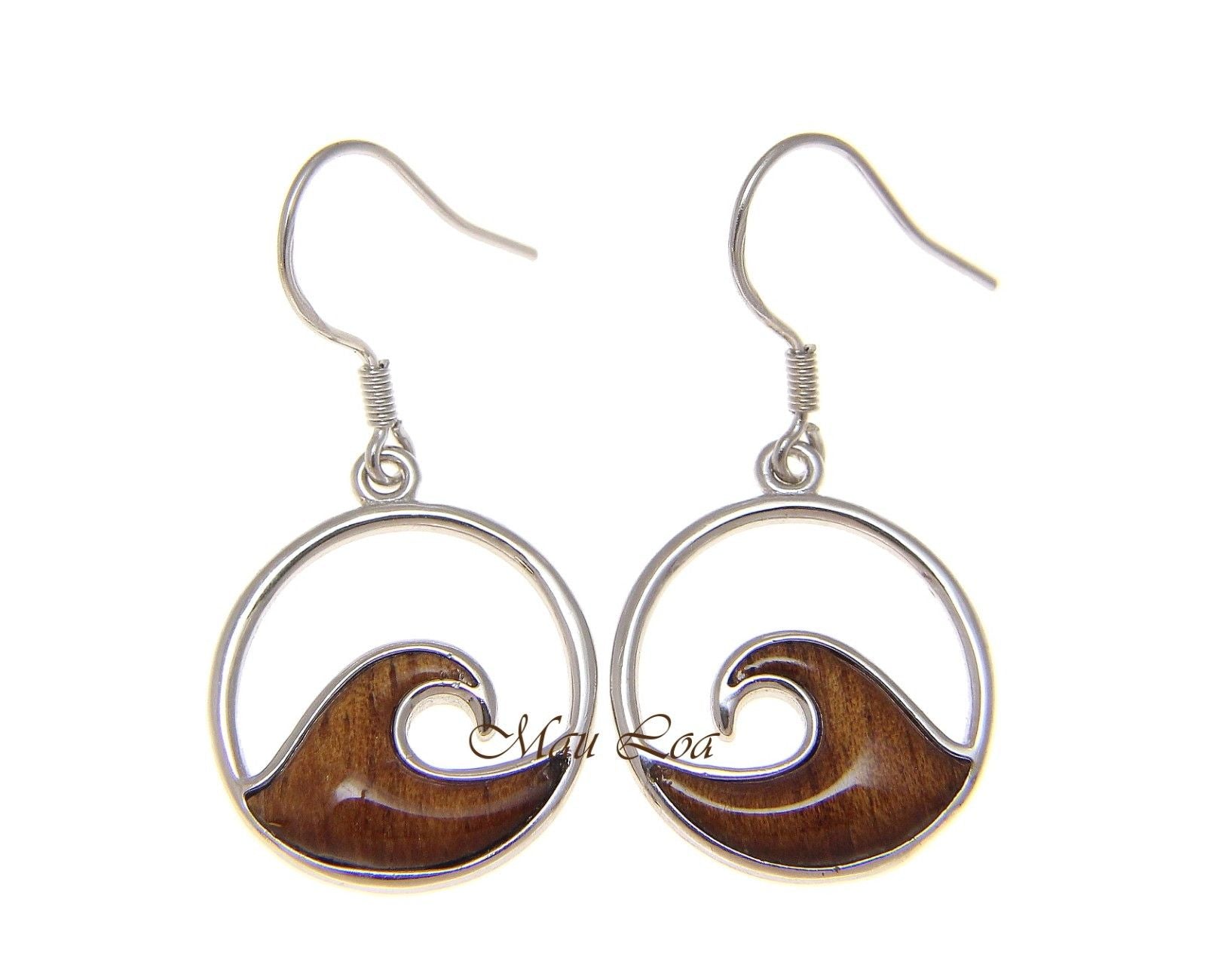 925 Sterling Silver Hawaiian Koa Wood 17.5mm Ocean Wave Hook Dangle Earrings