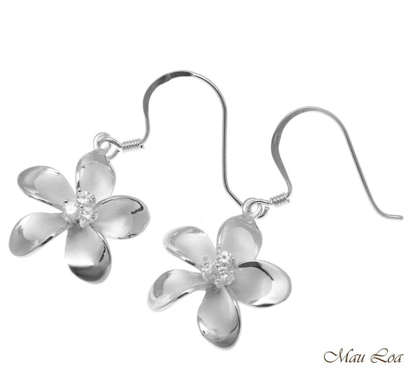 925 Sterling Silver Hawaiian Plumeria Flower 3 CZ Wire Hook Rhodium Earrings