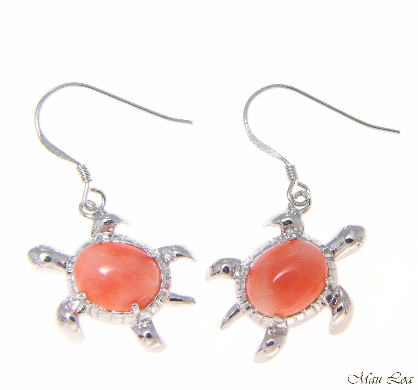 925 Silver Rhodium Hawaiian Honu Turtle Genuine Natural Pink Coral Hook Earrings