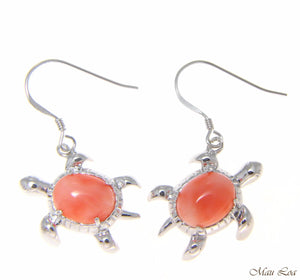 925 Silver Rhodium Hawaiian Honu Turtle Genuine Natural Pink Coral Hook Earrings