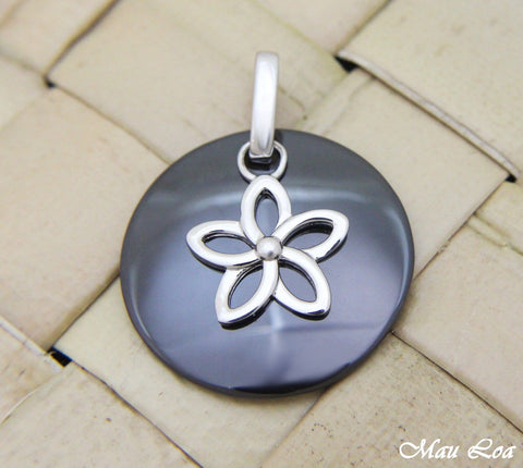 925 Silver Rhodium Hawaiian Plumeria Flower Black Ceramic Circle Round Pendant