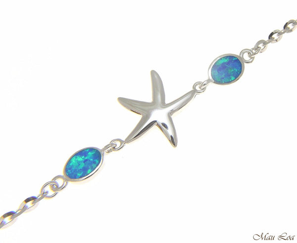 925 Silver Rhodium Hawaiian Starfish Sea Star Opal Link Chain Bracelet 7"+