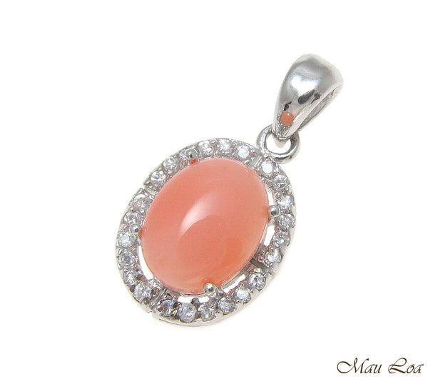 925 Sterling Silver Rhodium CZ Genuine Natural Oval 7x9mm Pink Coral Pendant