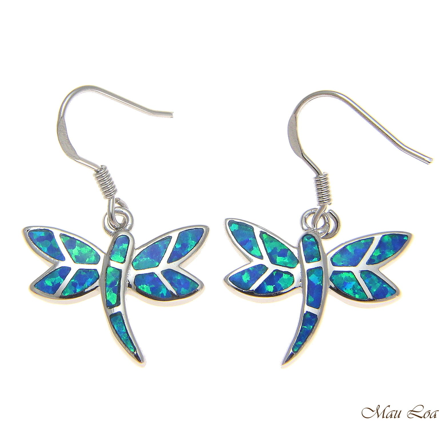 925 Sterling Silver Rhodium Hawaiian Dragonfly Blue Opal Hook Wire Earrings