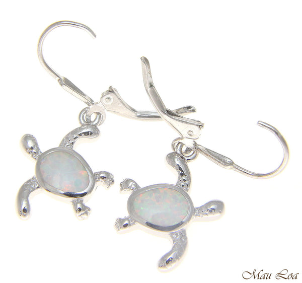 925 Sterling Silver Rhodium Hawaiian Honu Turtle White Opal Leverback Earrings