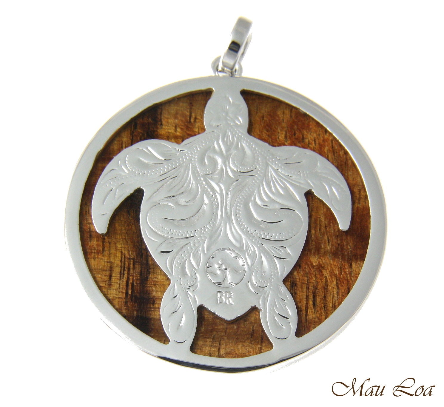 Koa Wood Hawaiian Scroll Circle Honu Turtle Rhodium Silver Plated Brass Pendant