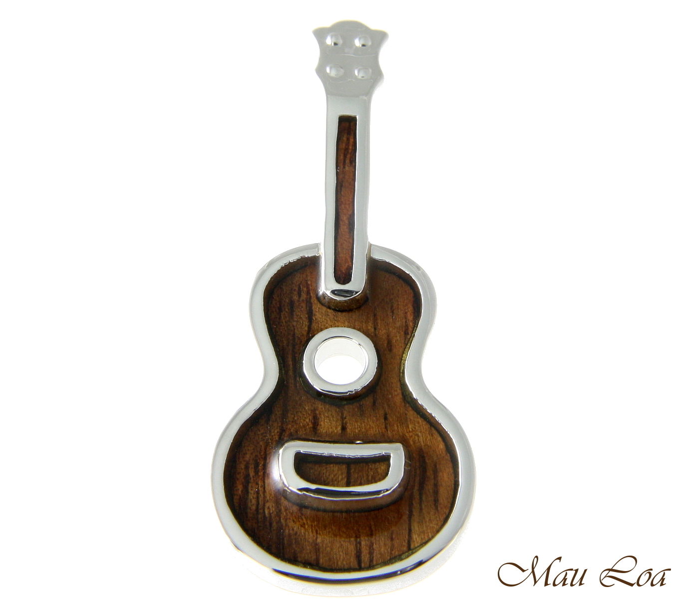 Koa Wood Hawaiian Ukulele Guitar Rhodium Silver Plated Brass Silde Pendant