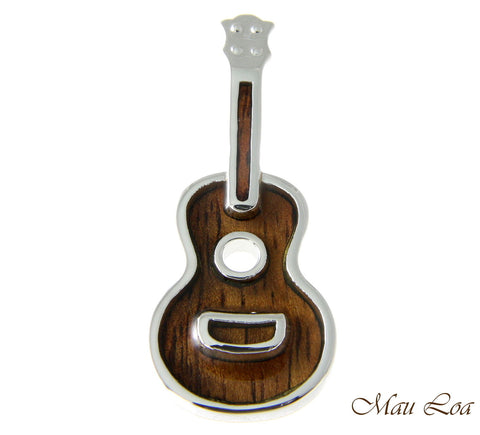 Koa Wood Hawaiian Ukulele Guitar Rhodium Silver Plated Brass Silde Pendant