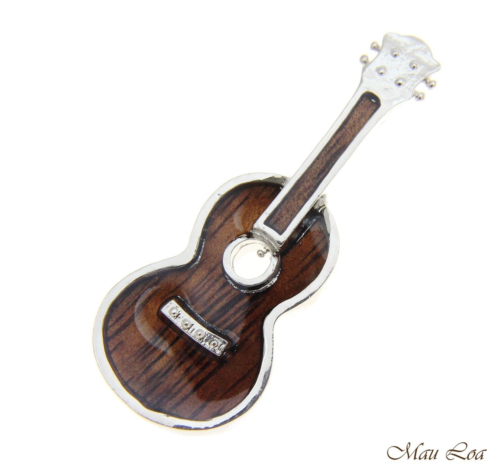 Koa Wood Hawaiian Ukulele Guitar Rhodium Silver Plated Brass Silde Pendant