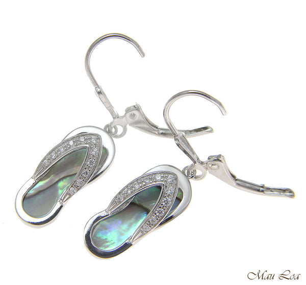 925 Sterling Silver Hawaiian CZ Slipper Abalone Shell Paua Leverback Earrings