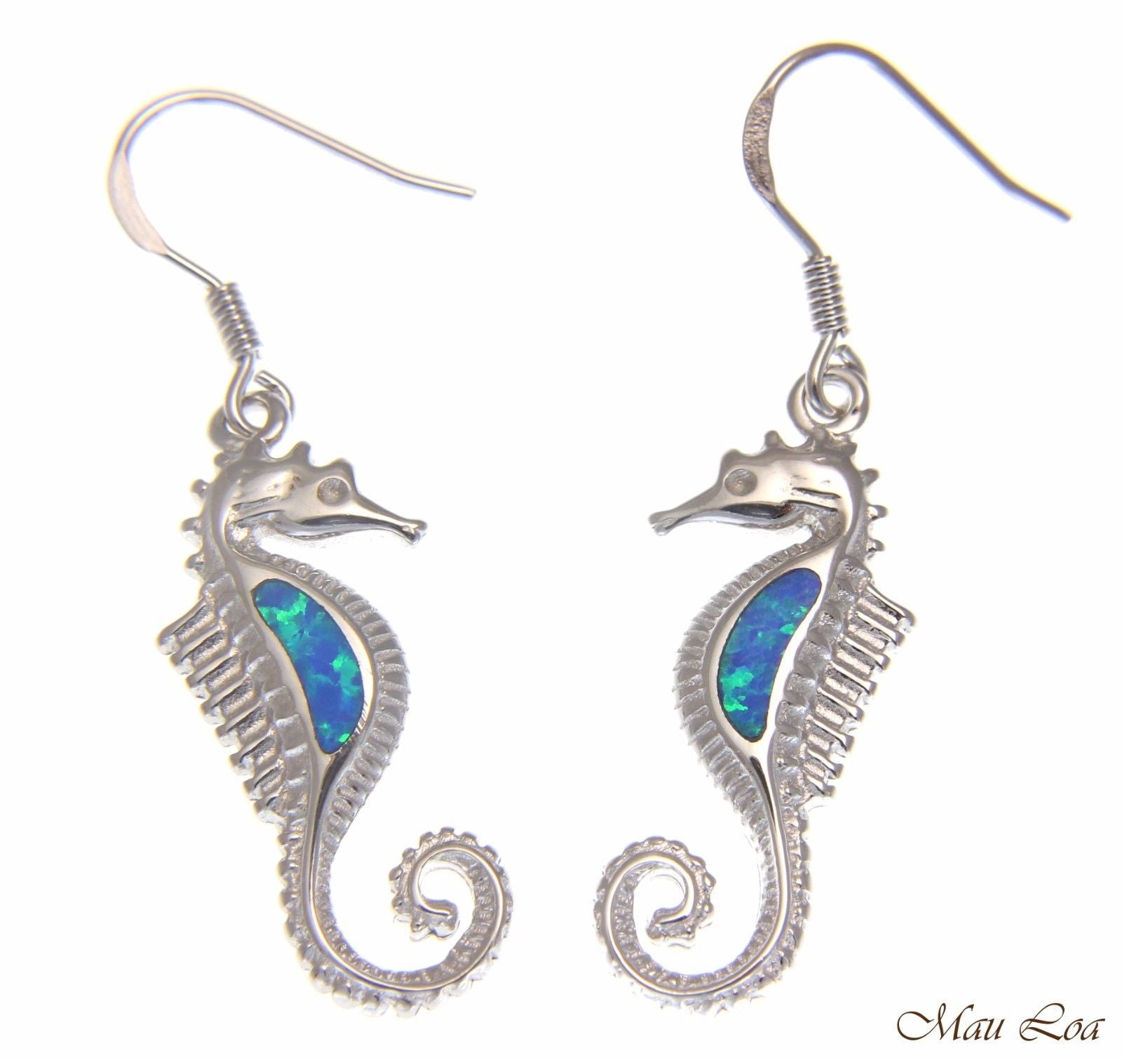 925 Sterling Silver Rhodium Hawaiian Seahorse Blue Opal Hook Wire Earrings
