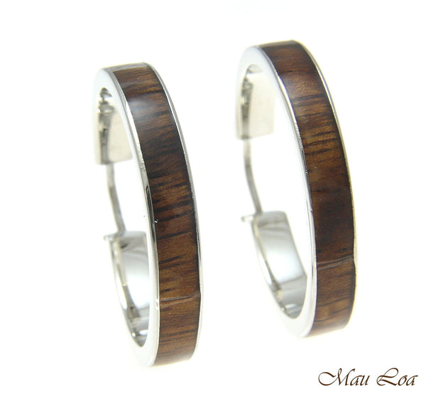 Koa Wood Hawaiian Rhodium Plated Brass 30mm Round Hoop Snap Closure Earrings
