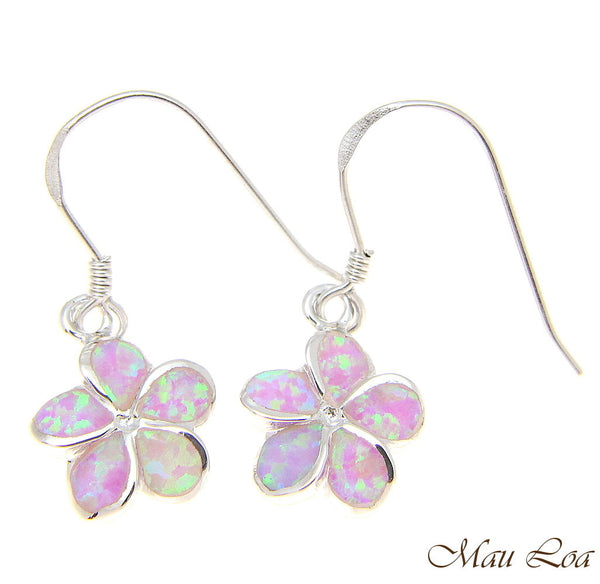 925 Silver Rhodium Hawaiian Plumeria Flower Pink Opal Wire Hook Earrings 8-15mm