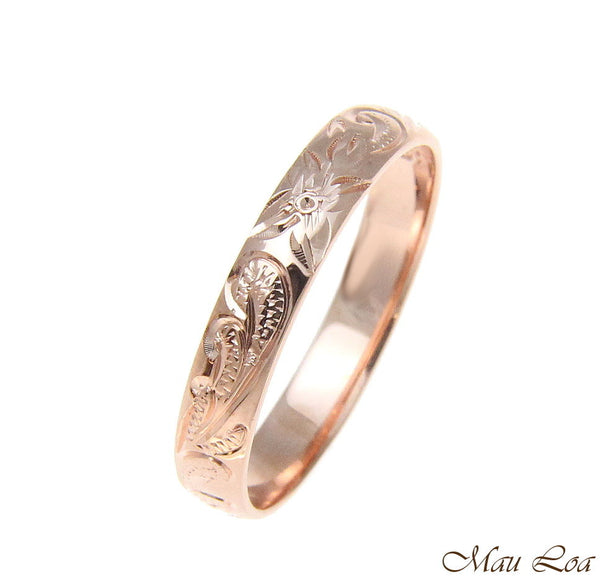 925 Sterling Silver Pink Rose Gold 4mm Hawaiian Scroll Hand Engraved Ring Band