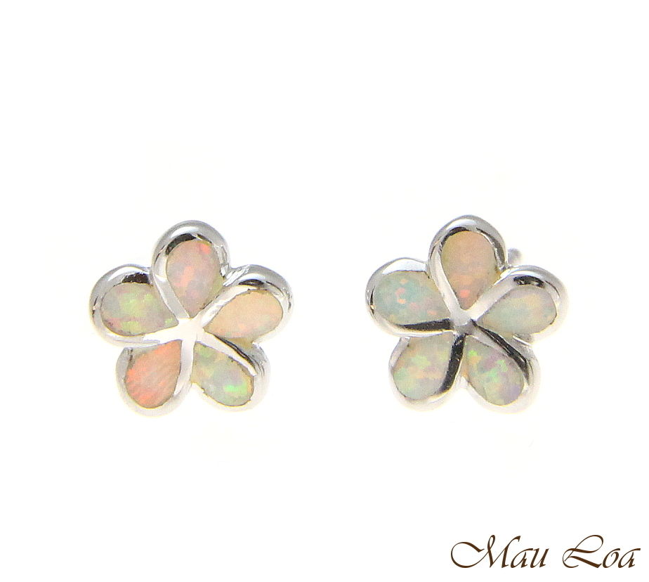925 Silver Rhodium Hawaiian Plumeria Flower White Opal Post Stud Earrings 8-15mm