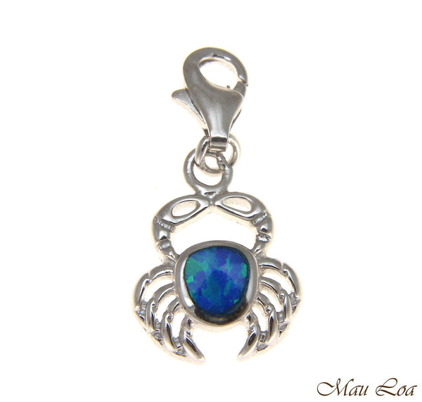 925 Sterling Silver Rhodium Hawaiian Crab Blue Opal Clasp Enhancer Pendant Charm