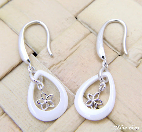 925 Silver Rhodium Hawaiian Plumeria Flower White Ceramic Tear Drop Earrings