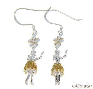 925 Silver Hawaiian Hula Girl 2 Tone Yellow Plumeria Flower Hook Wire Earrings