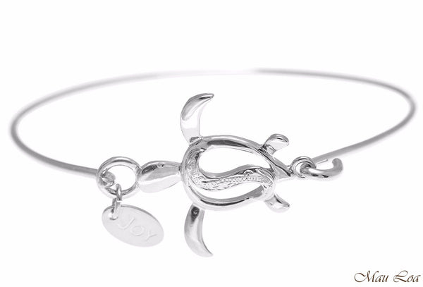 Rhodium Plated on Brass Hawaiian Scroll Honu Turtle Open Bangle Bracelet