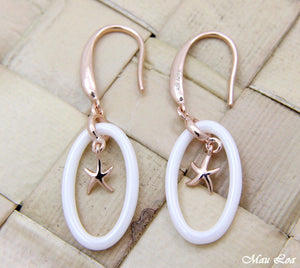 925 Silver Pink Rose Gold Hawaiian Starfish Sea Star White Ceramic Oval Earrings