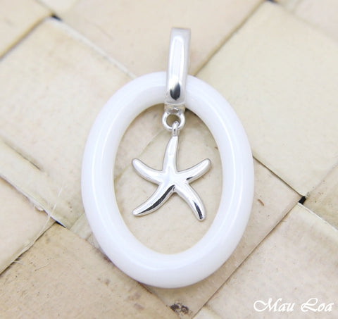 925 Sterling Silver Rhodium Hawaiian Starfish Star White Ceramic Oval Pendant