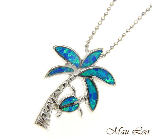 925 Sterling Silver Rhodium Hawaiian Palm Tree Honu Blue Opal Slider Pendant